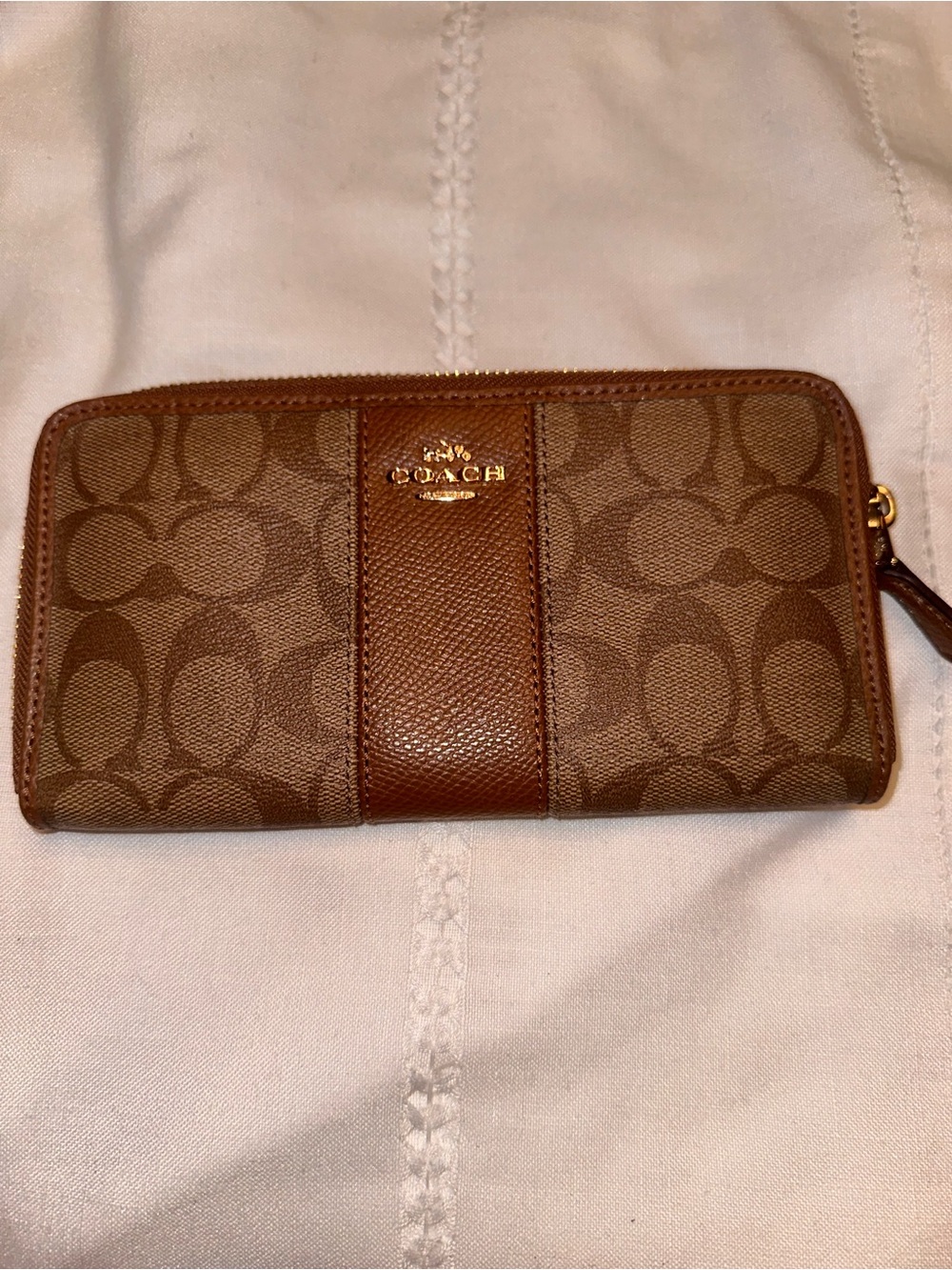 Coach Brown Signature Zip-Around Wallet with Leather Trim
